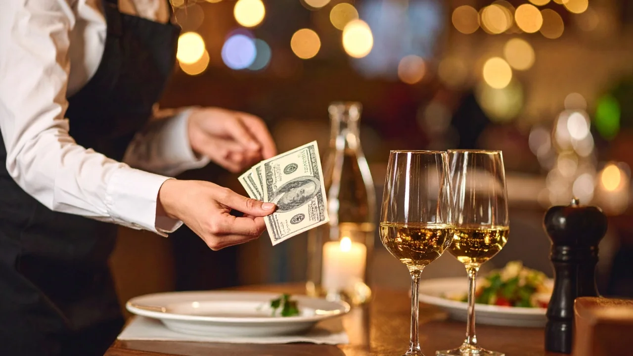 Kelner w restauracji odbierający napiwek za rachunek od klienta