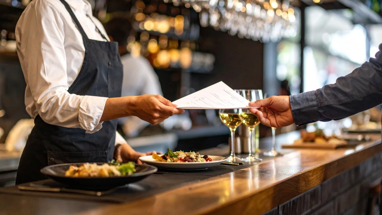 Kelner wręcza klientowi fakturę za jedzenie w restauracji